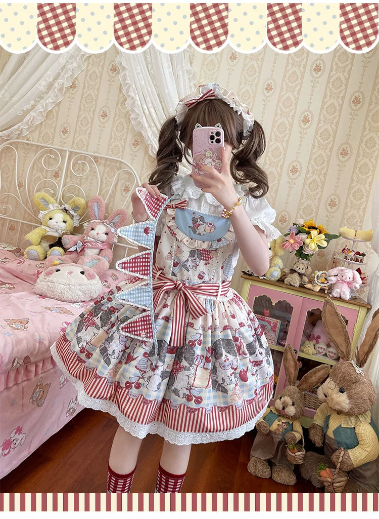 GZYRZ - Border Collie Cherry - Cream Suspender JSK with Cherry and Border Collie Print
