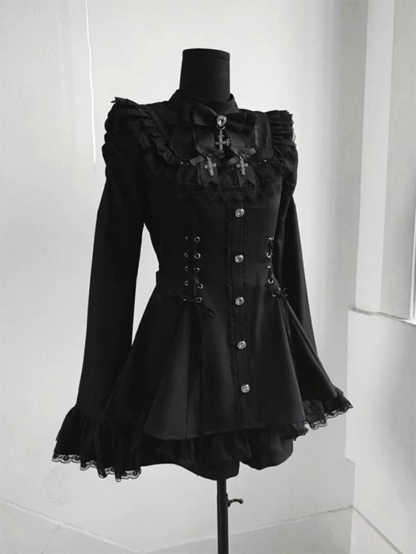 Creamy - Noir Lace - OP set with flared cuffs and a lace-trimmed bib
