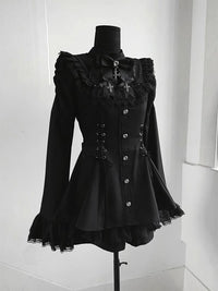Creamy - Noir Lace - OP set with flared cuffs and a lace-trimmed bib - Dress + Shorts + Bow Tie / S
