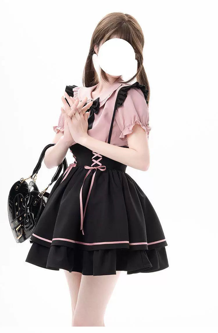Sweetheart Dream Machine - Pink Ribbon Pinafore - Black Pinafore Dress Set with Pink Lace-Up Ribbons