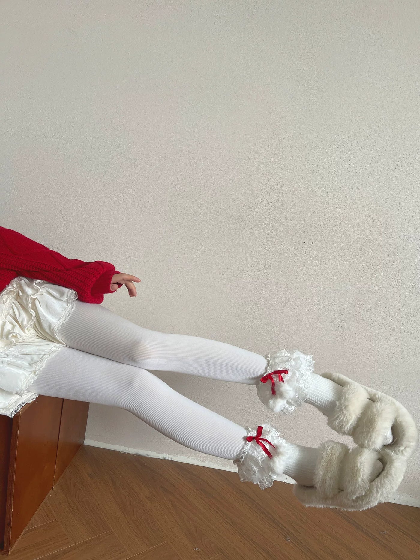 Sock Noble - Christmas Ribbon Fur Ball - Slouch socks and basic white tights with red-ribbon or fur-ball accents