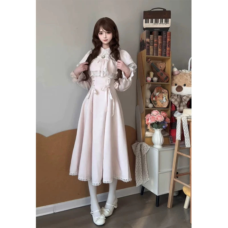 Creamy - Japanese Sweet Lace - Pink Lolita Dress with a Lace-Trimmed Bow Cape Overlay