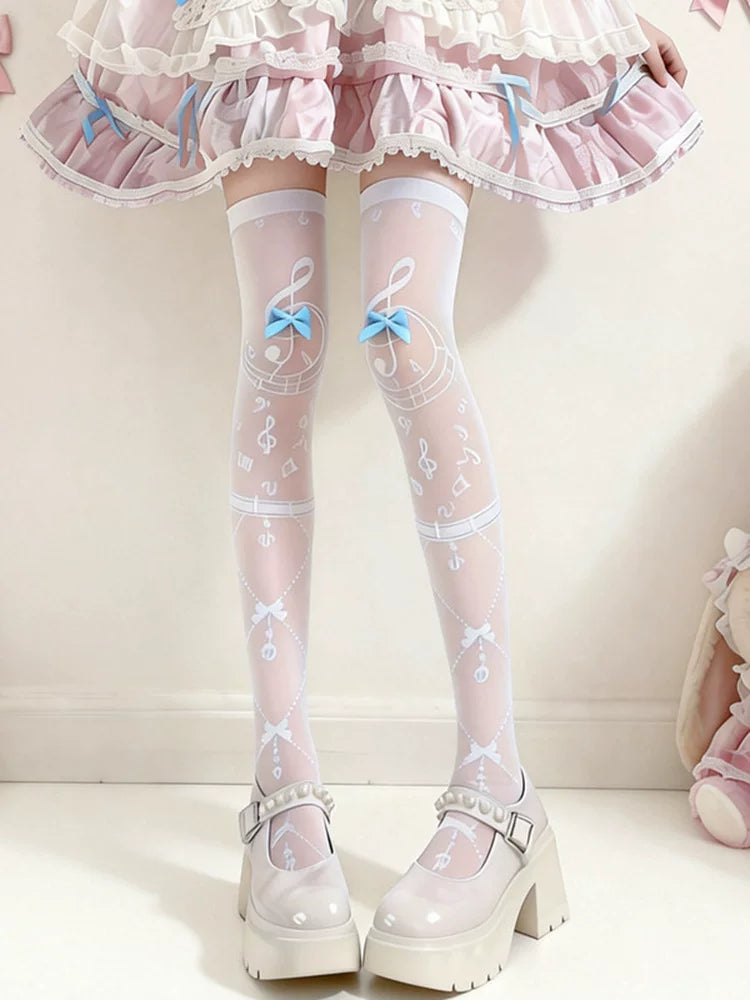 Fantasy Doll - Musical Note Sweetness - White Thigh-High Socks with Bow Accents