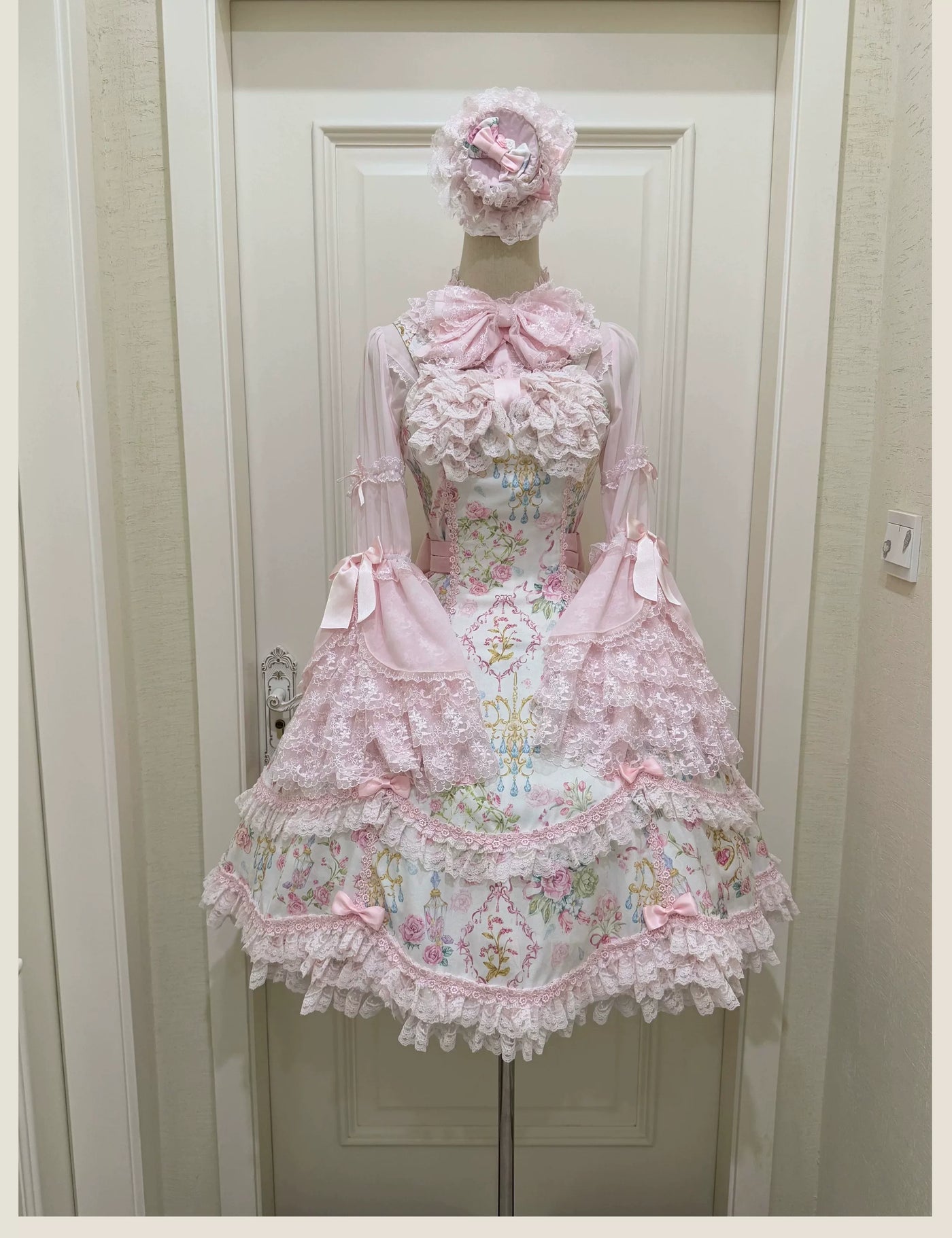 Tata Long Ear - Spring 2025 Floral Wall - Floral Print JSK Dress with Layered Lace Ruffles
