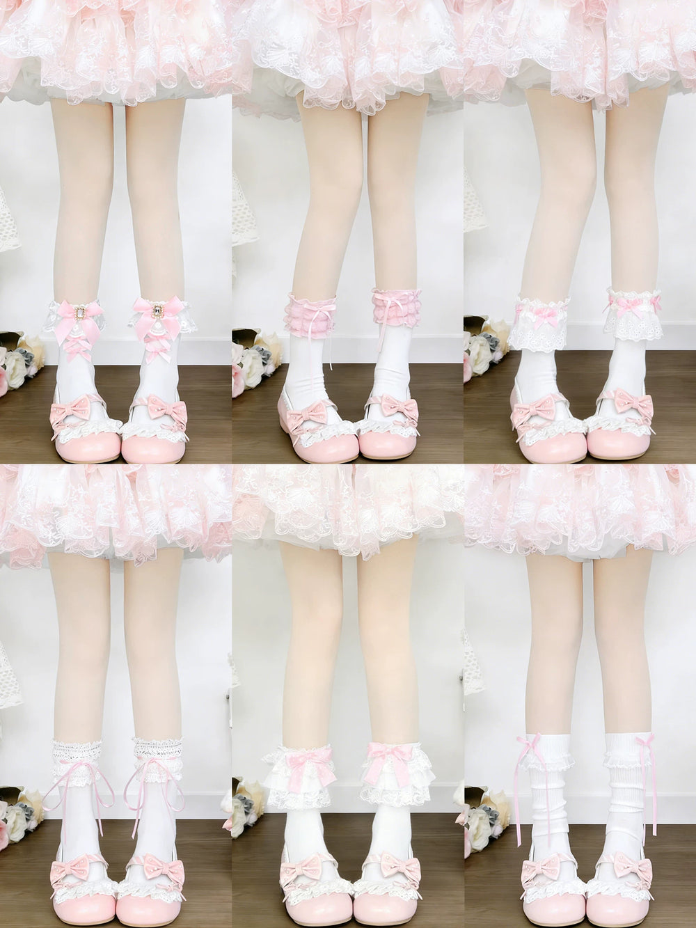 Pink lace-and-bow socks styled with pink bow shoes and a pastel Lolita skirt
