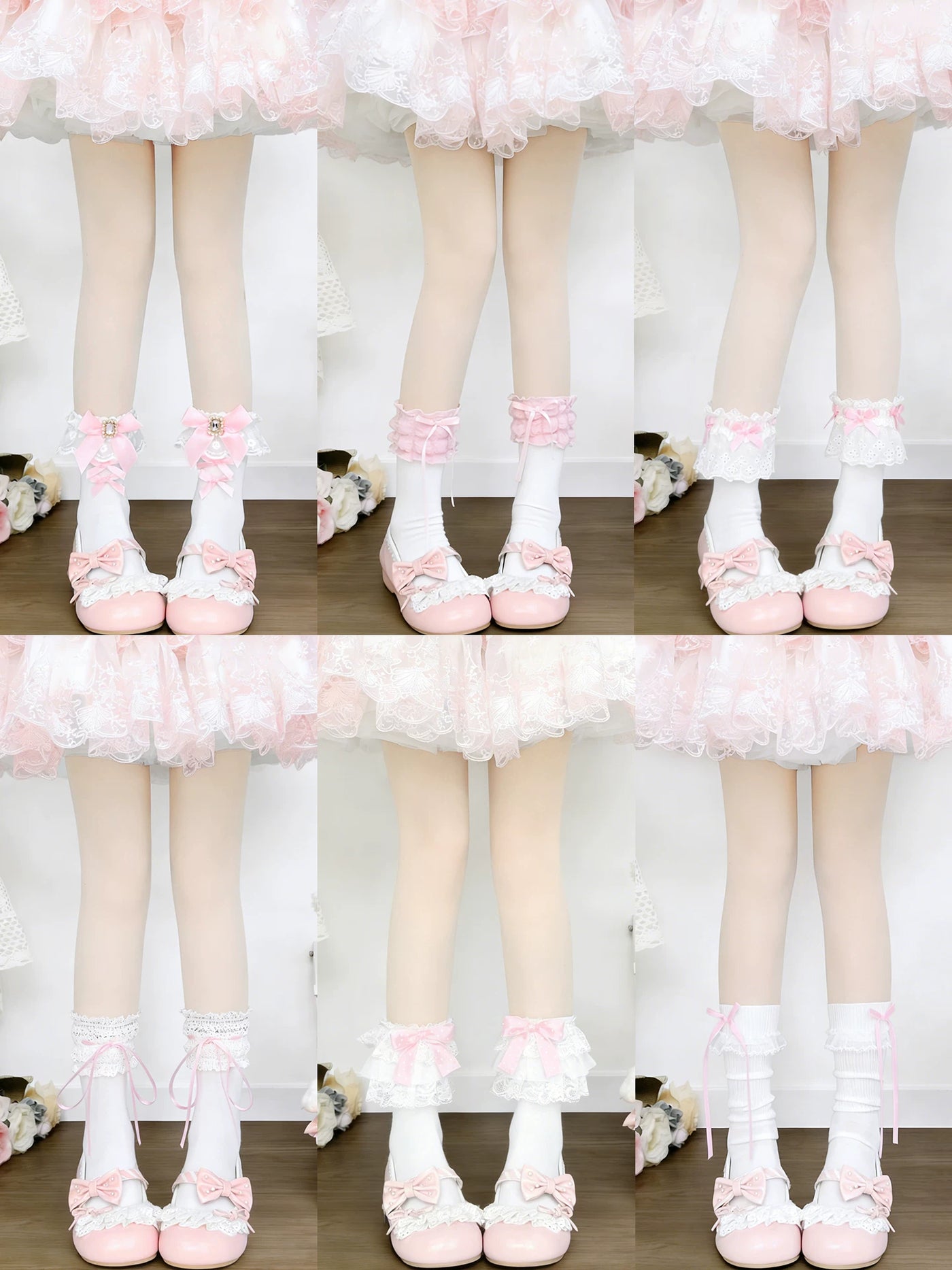 Pink lace-and-bow socks styled with pink bow shoes and a pastel Lolita skirt