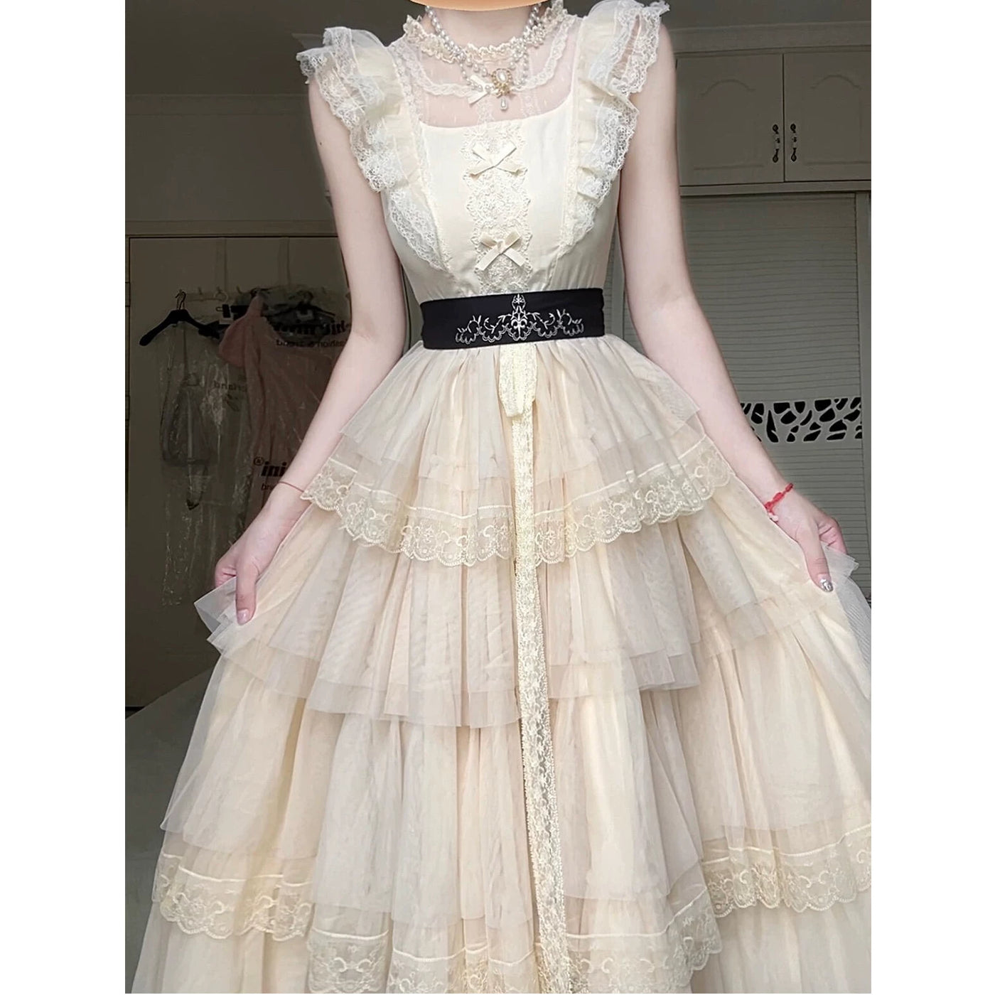 Creamy - Ivory Lace Layers - OP Dress and Waist Belt Set with Scalloped Lace Trim