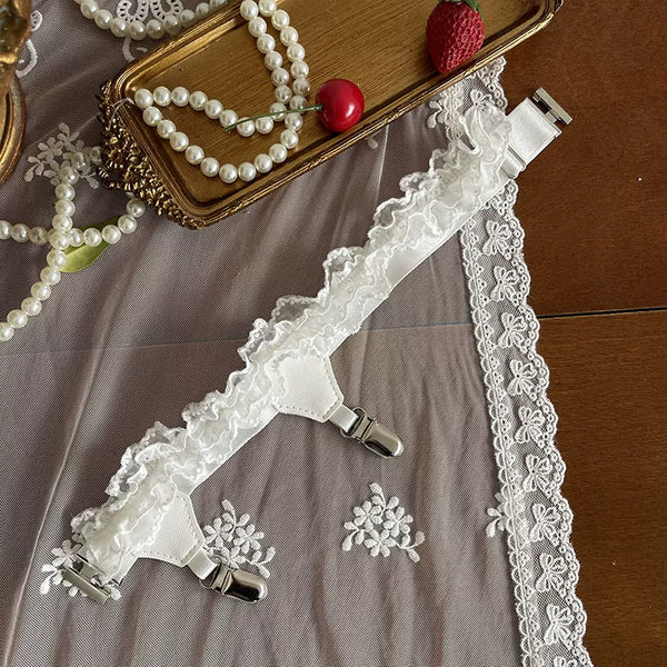 White lace legwear layering pieces with clips and ruffle trim