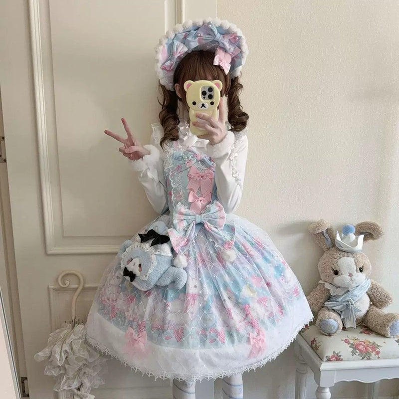 Lady Han Candy Mary Cat sweet JSK dress featuring colorful cat print, pink and white fabric, and adorable lace details.