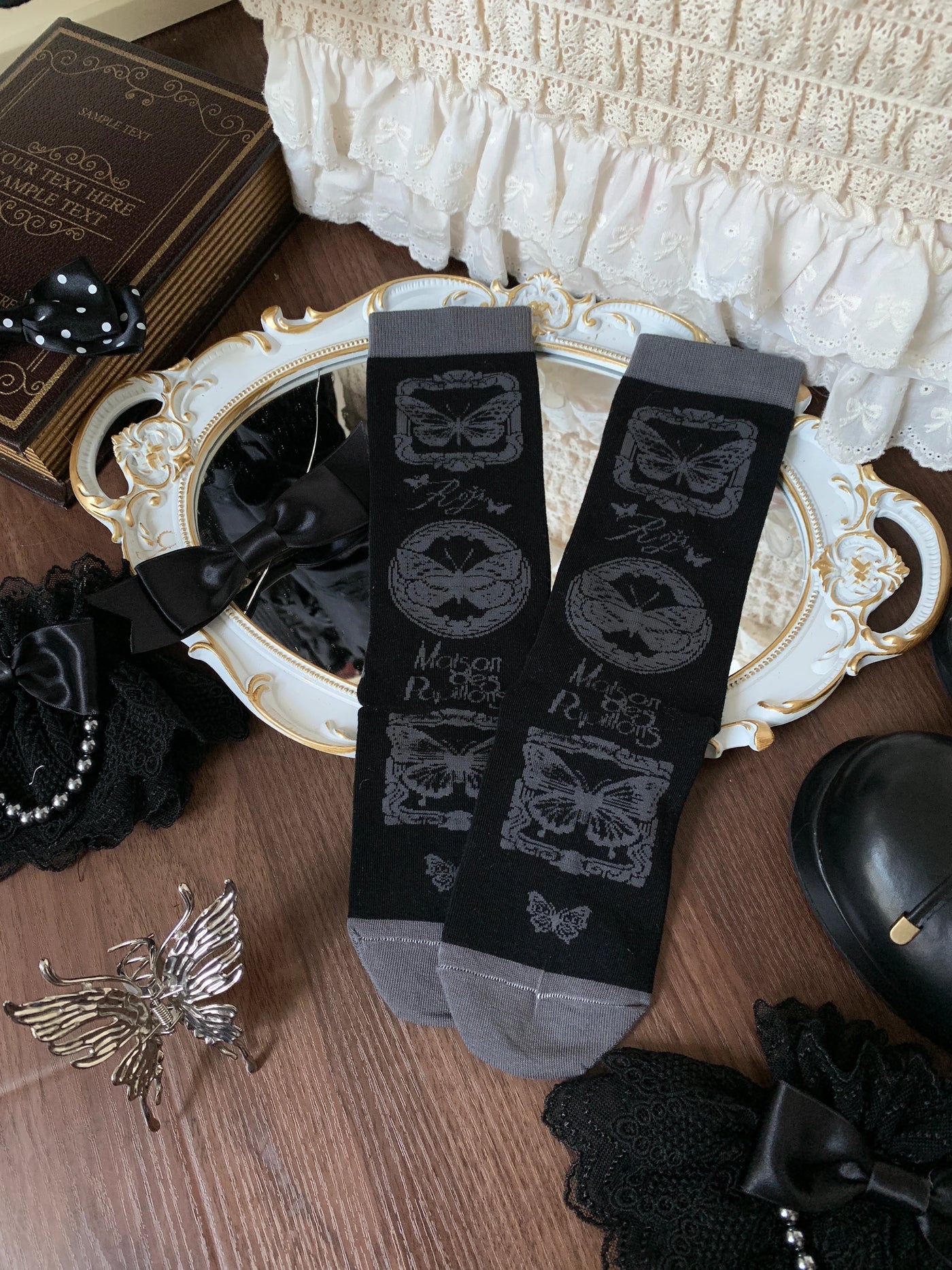 Sweet Lolita Cotton Socks, Detachable Cuff Bow Trim Black-Gray Socks Only (without cuff bow trim)