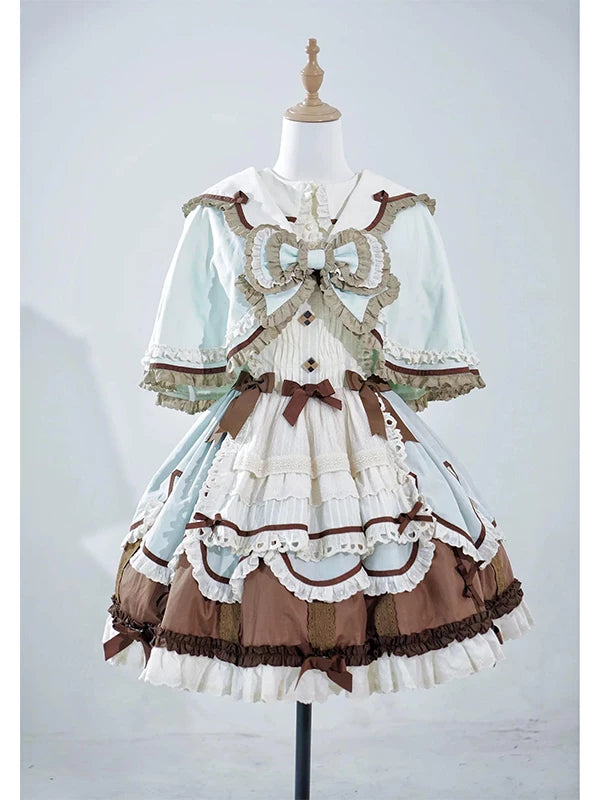 Mint, ivory and brown JSK set with inner layer and cape on a mannequin