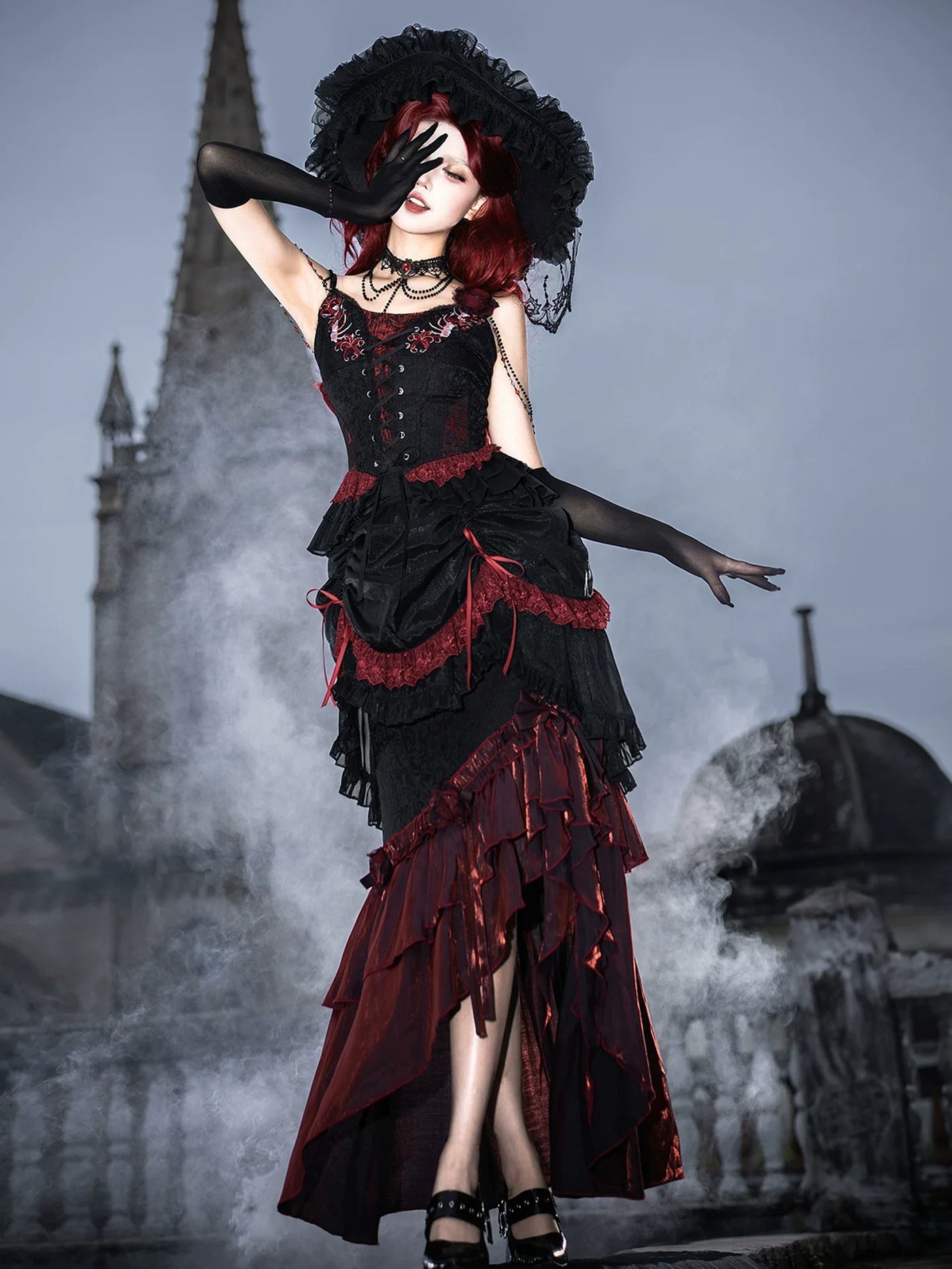 Your Princess - Bone Rot Bloom - Gothic Lolita Embroidered Camisole & Drawstring Lift-up Hem Skirt