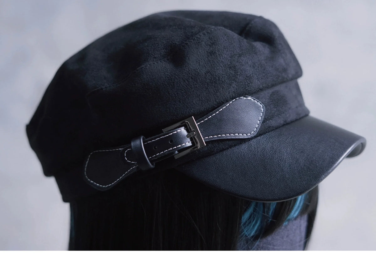 Strange Sugar - Gothic Newsboy - Gothic Lolita wool newsboy hat with cross, belt and metal details - product detail 8