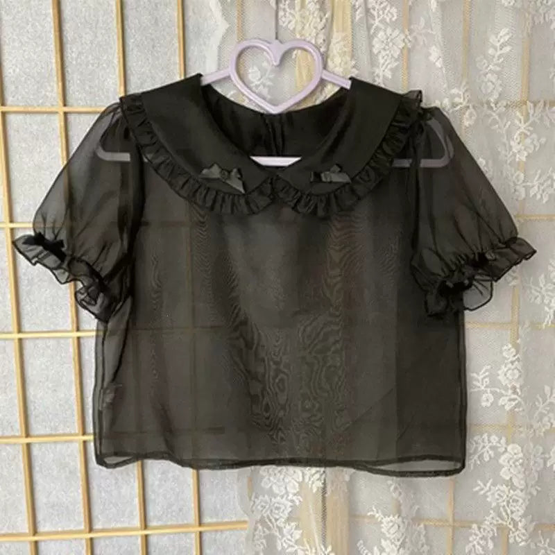 Sweetheart Dream Machine - Cloud Collar - Sheer Short-Sleeve Peter Pan Blouse