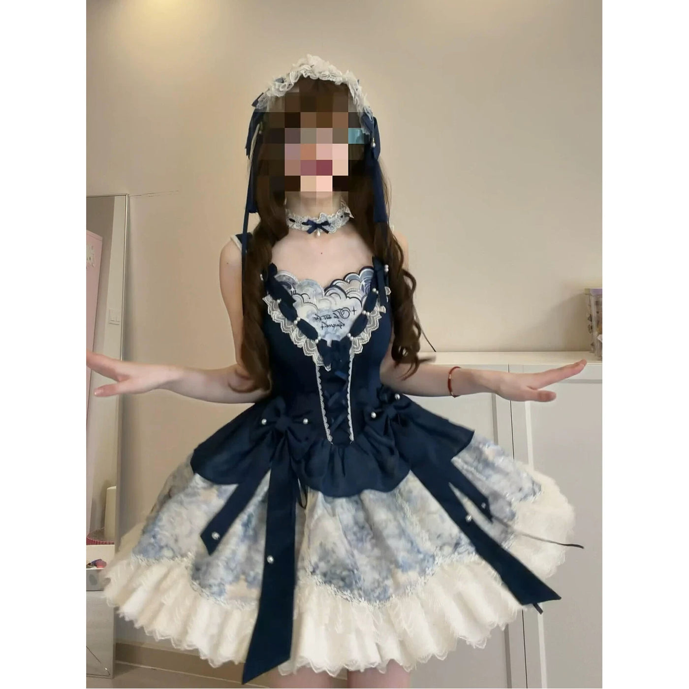 Creamy - Blue Contrast Bow - Blue-and-White Lolita OP Dress with Contrast Panels