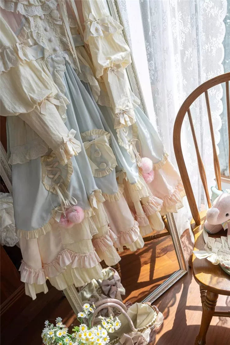 Tianxin Dreamscape - Mianmian Macaron - Solid-Colour OP Dress with Layered Lace Trim