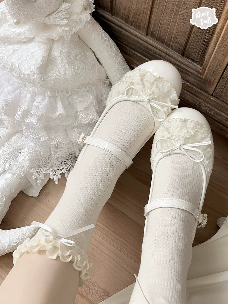 Sheep Puff Satin Cake Mary Jane Shoes featuring a cute sheep puff design and satin finish, stylish footwear for casual or dressy wear.