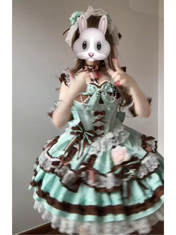 Creamy mint-and-chocolate JSK dress set with brown bows, white lace and a ruffled train