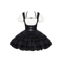 With PUJI - Unspoken Summer - Sweet Lolita OP Dress, Square Neckline & Tiered Skirt - Square-neck four-tier black OP In stock / S