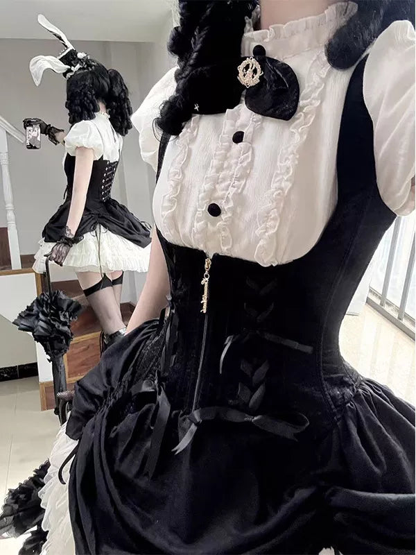 Creamy - Black Rabbit - Black Gothic Lolita JSK with Optional Rabbit-Ear Hat