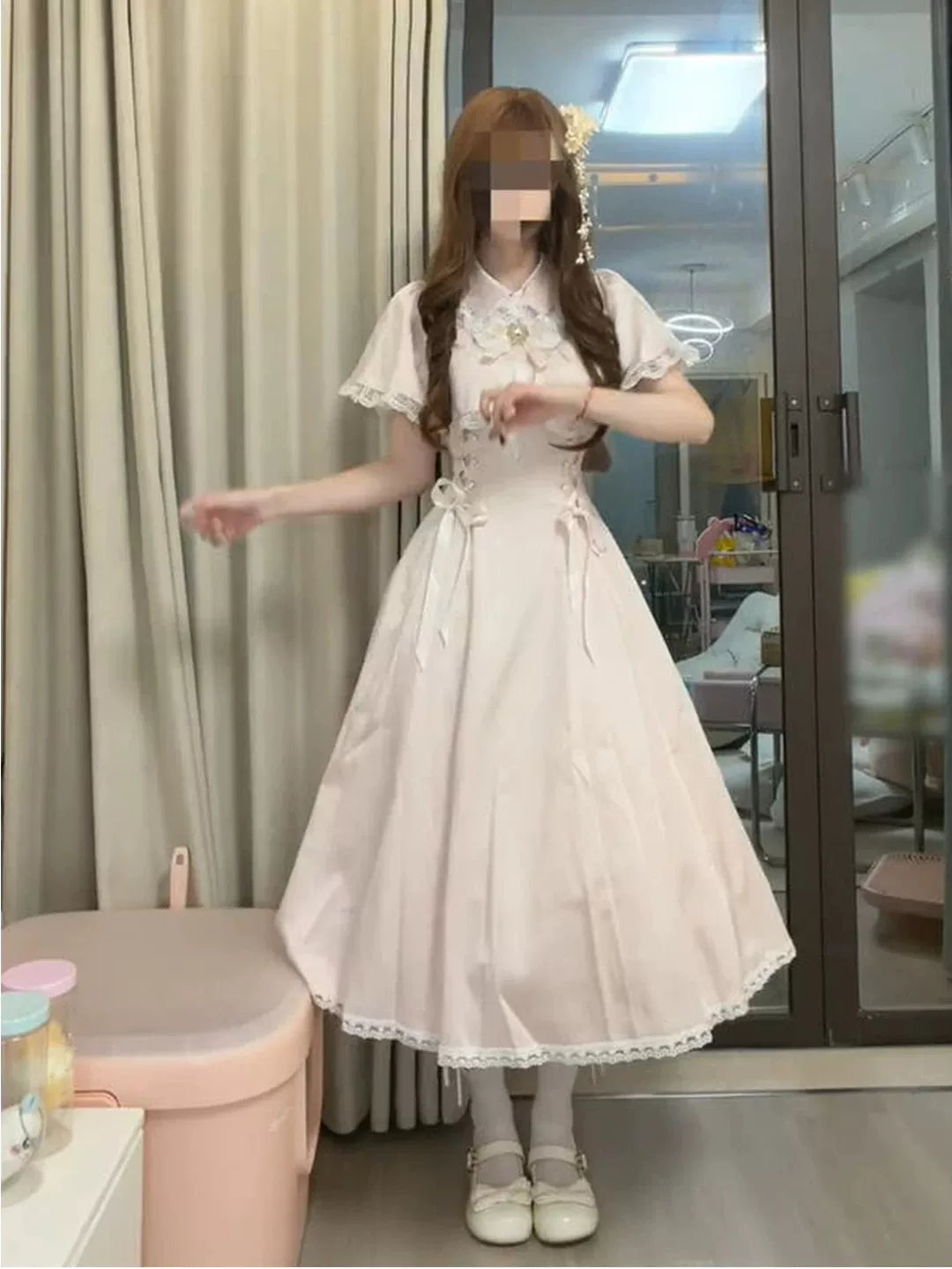 Creamy - Pink Cape - Pink Lolita long dress with a lace-trimmed cape and waist ties