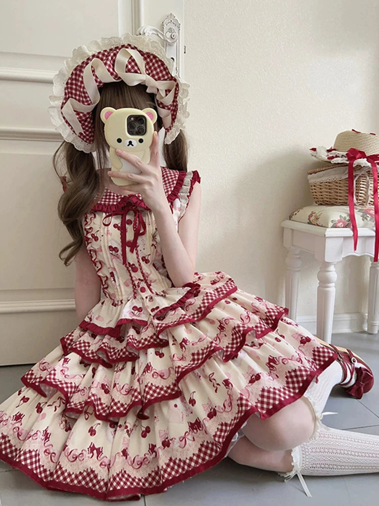 Dream Bunny - The Cherries Are Ripe - Cherry-Print Lolita Fashion Set with Gingham Ruffles