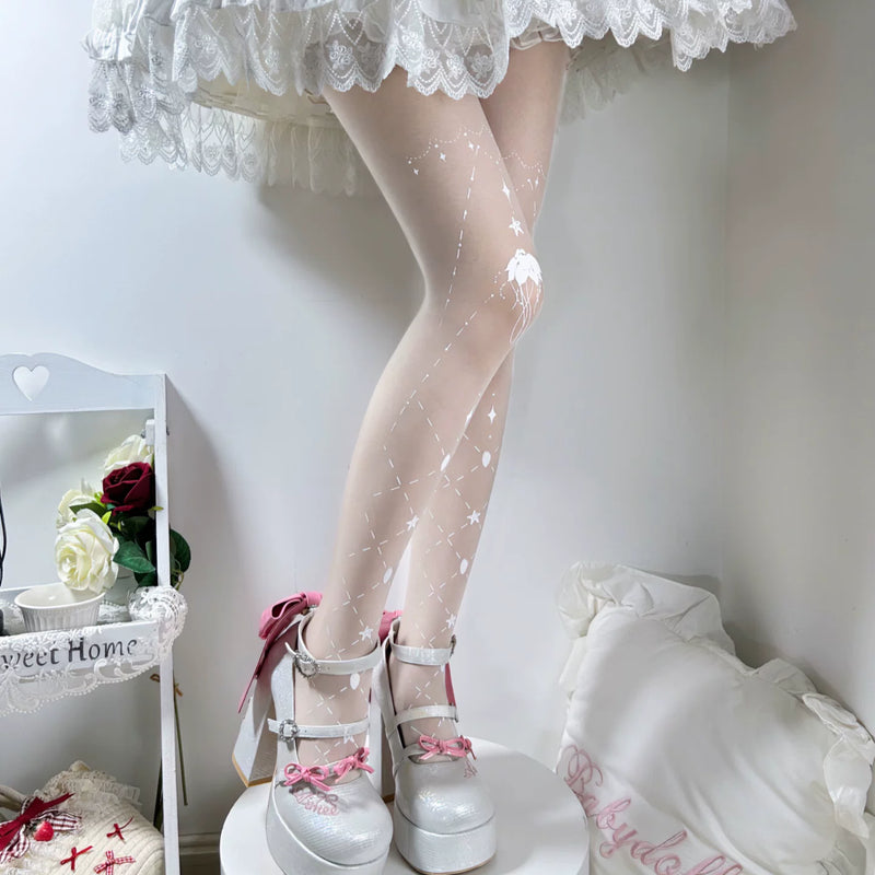 Fantasy Doll - Star Mist Jellyfish - White pantyhose with celestial and jellyfish motifs