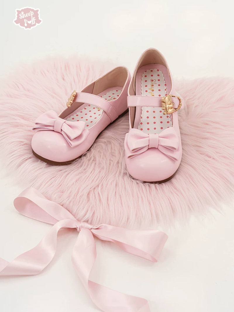 Sheep Puff Soft Sole Hugging Bear Lolita Shoes with low heel and cute bear design, perfect for feminine fashion and comfort.