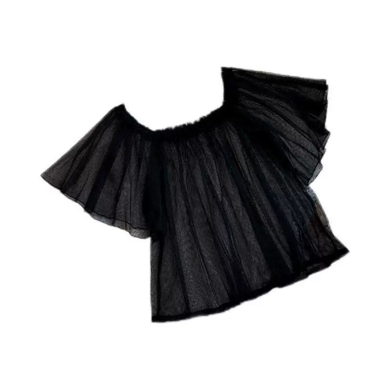 Black mesh blouse with flutter sleeves and lace detailing in flat lay