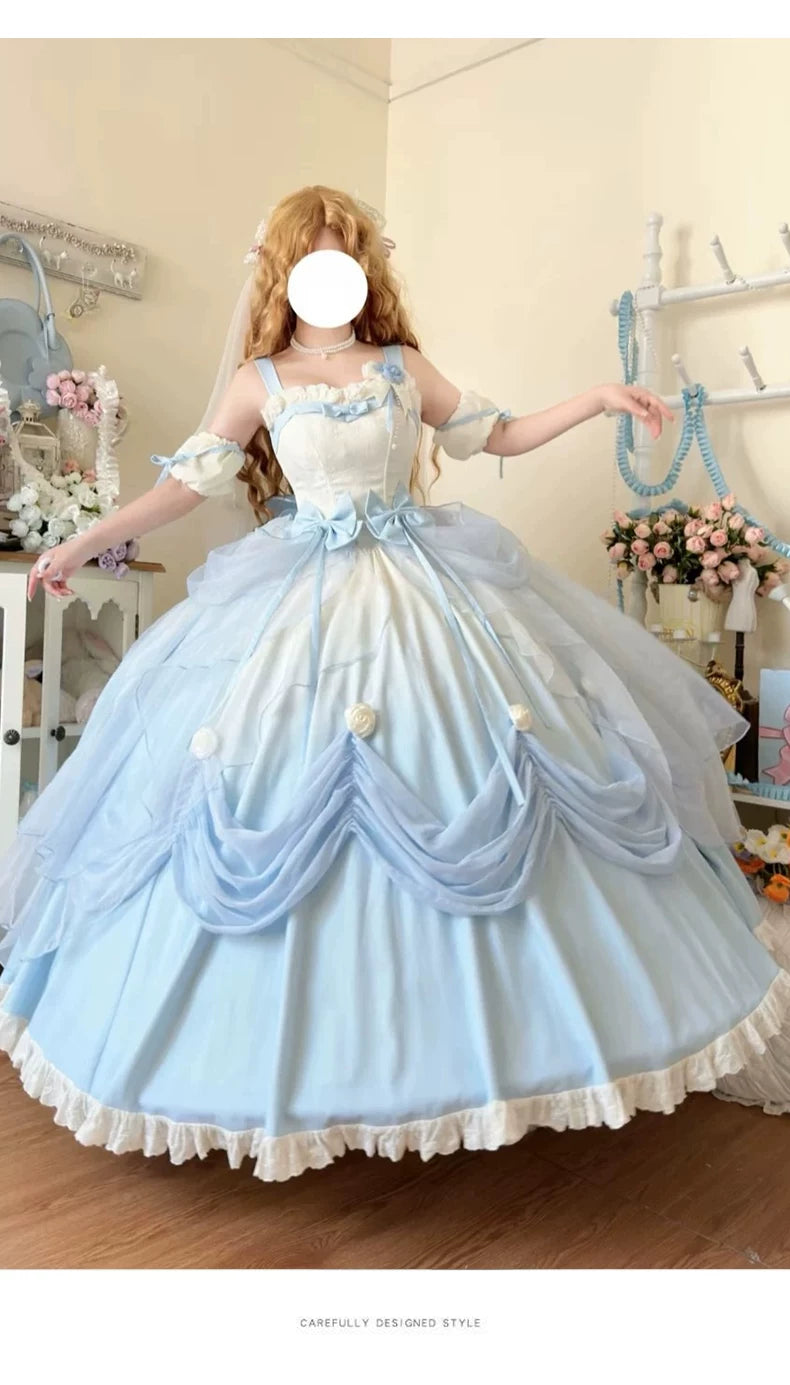 Emoji Dream - True Love's Kiss - Gradient blue sweet lolita one-piece