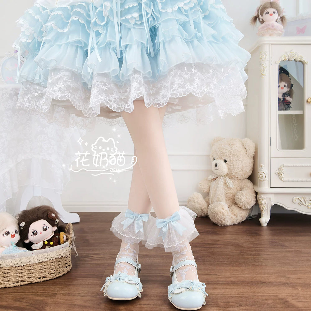 Light pink Sweet Lolita polka dot bow mid-calf socks with lace trim