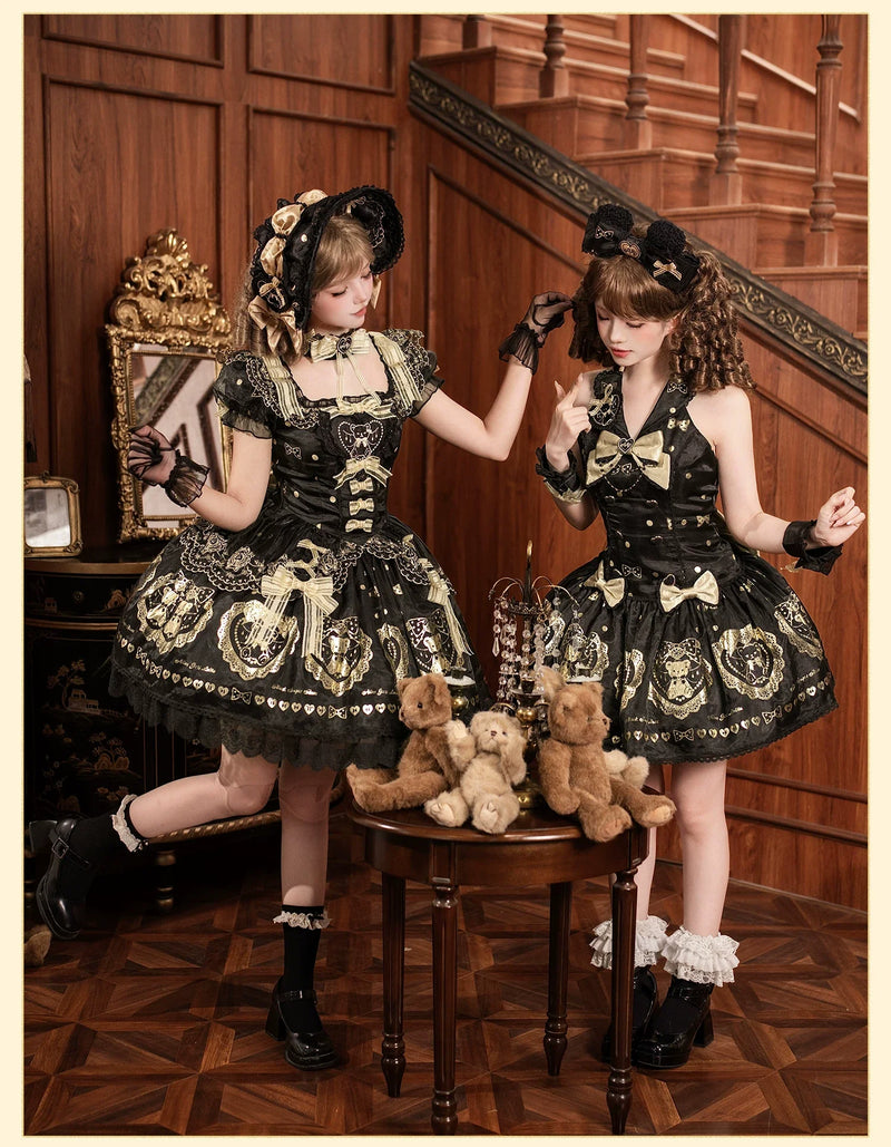 Alice Girl - Brown Sugar Bear - Old School Lolita OP & Halter Dress, Bear Print