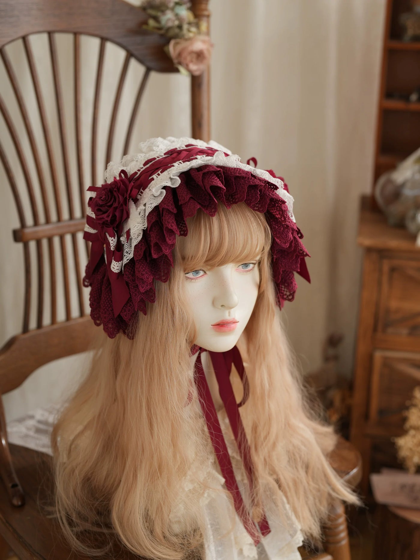 Star Box - Air Flora - Layered-Lace Bonnet with Long Ribbon Ties