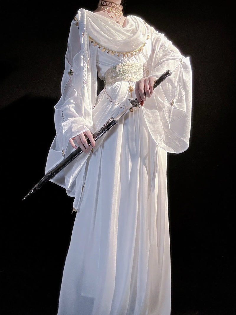 Sweet Promise - Sacred Tree - White OP dress and waist corset set with a draped neckline