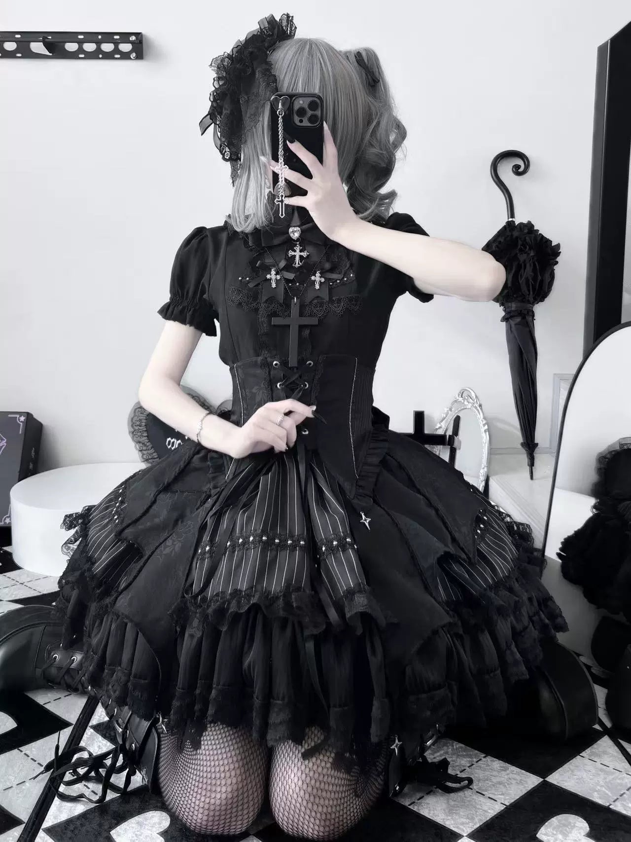 Twilight Song - Trace Bone - Black Gothic Lolita SK & Waist Cincher