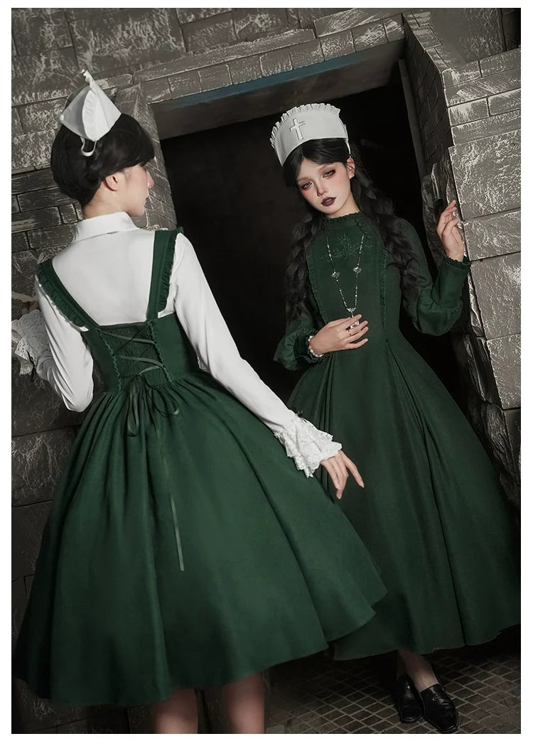 With PUJI - Abyss Clinic - Gothic Lolita Green Dress Set, Embroidery Accent