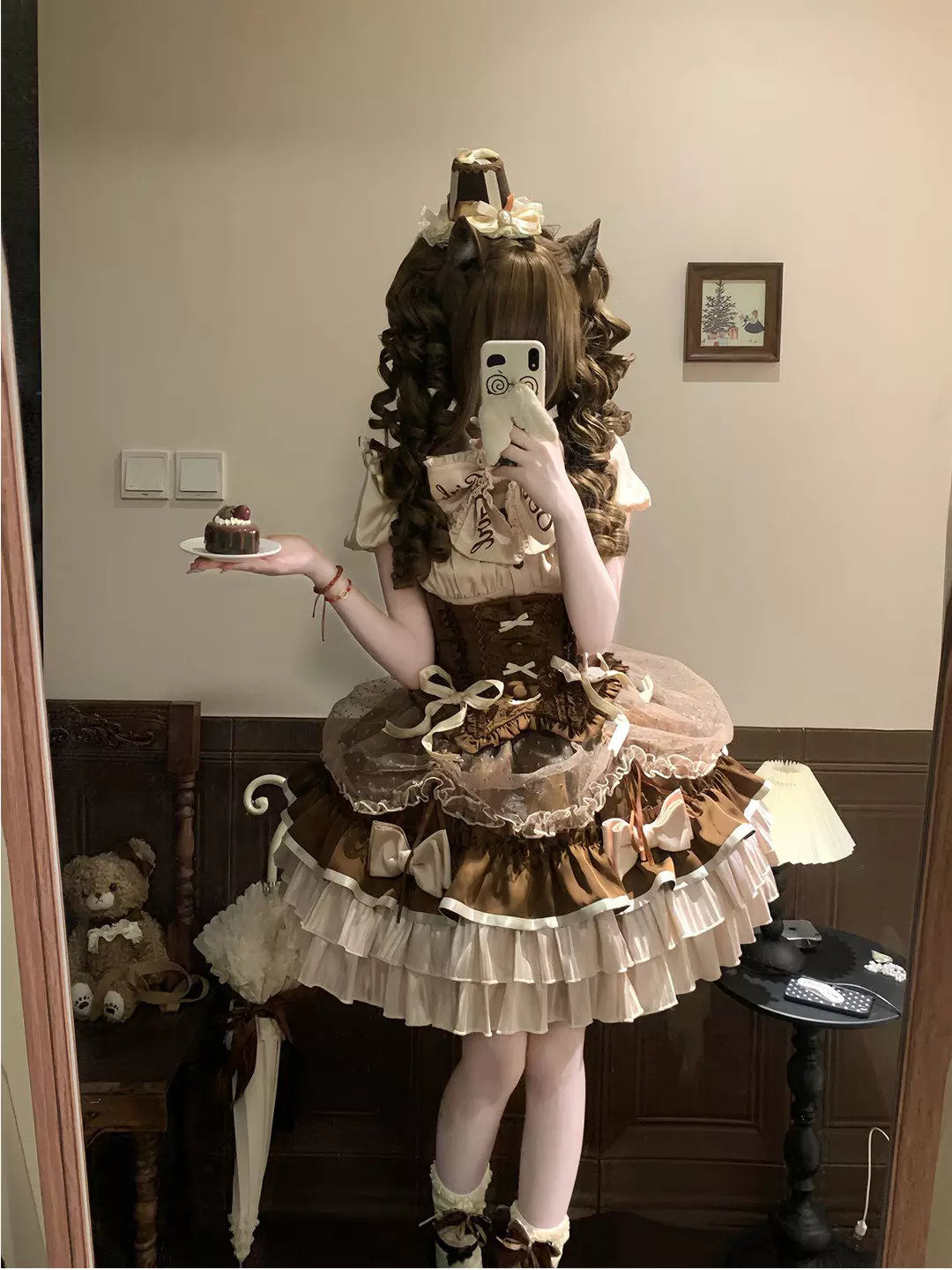 Creamy - Milk Coffee Heartbeat - Blouse and SK Set with Large Bow and Sash