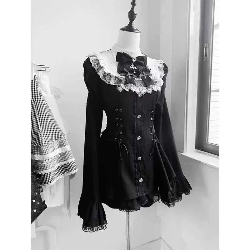 Creamy - Monochrome Gothic - Black-and-White Lolita Set with Lace Collar