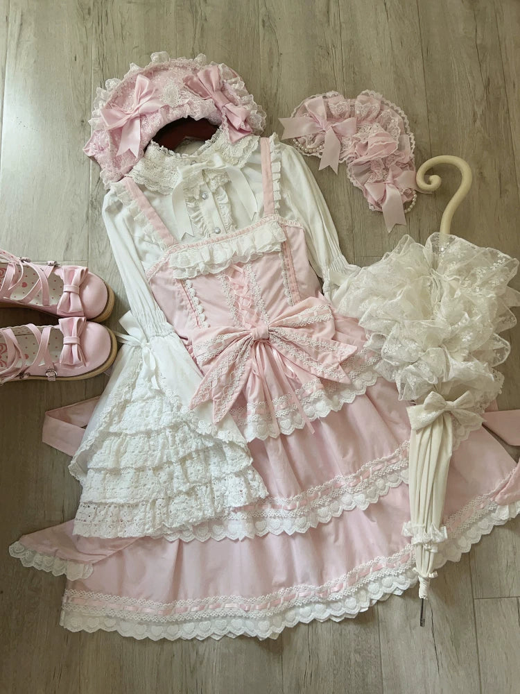 Pink Tata Long Ear Otome Heart Lolita JSK with matching pink headband, size L