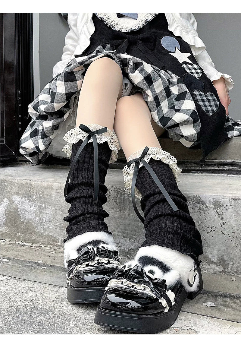 Floral Milk Cat - Ribbon Lace - Ruched Mid-Calf Socks with Lace Ruffle Cuffs