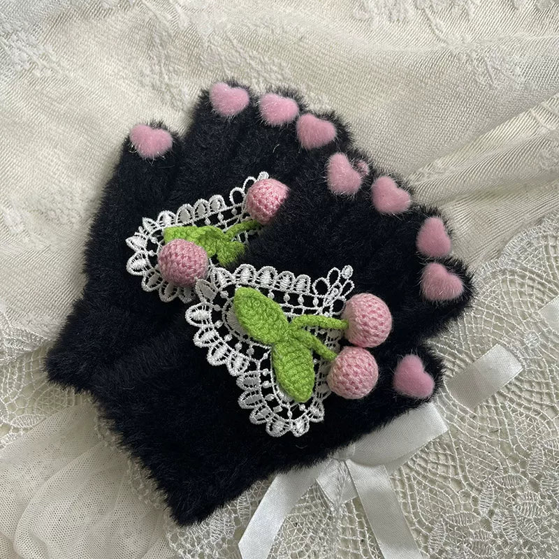 Sock Noble - Pearl & Rhinestone - Fuzzy Five-Finger Gloves with Novelty Detail Options