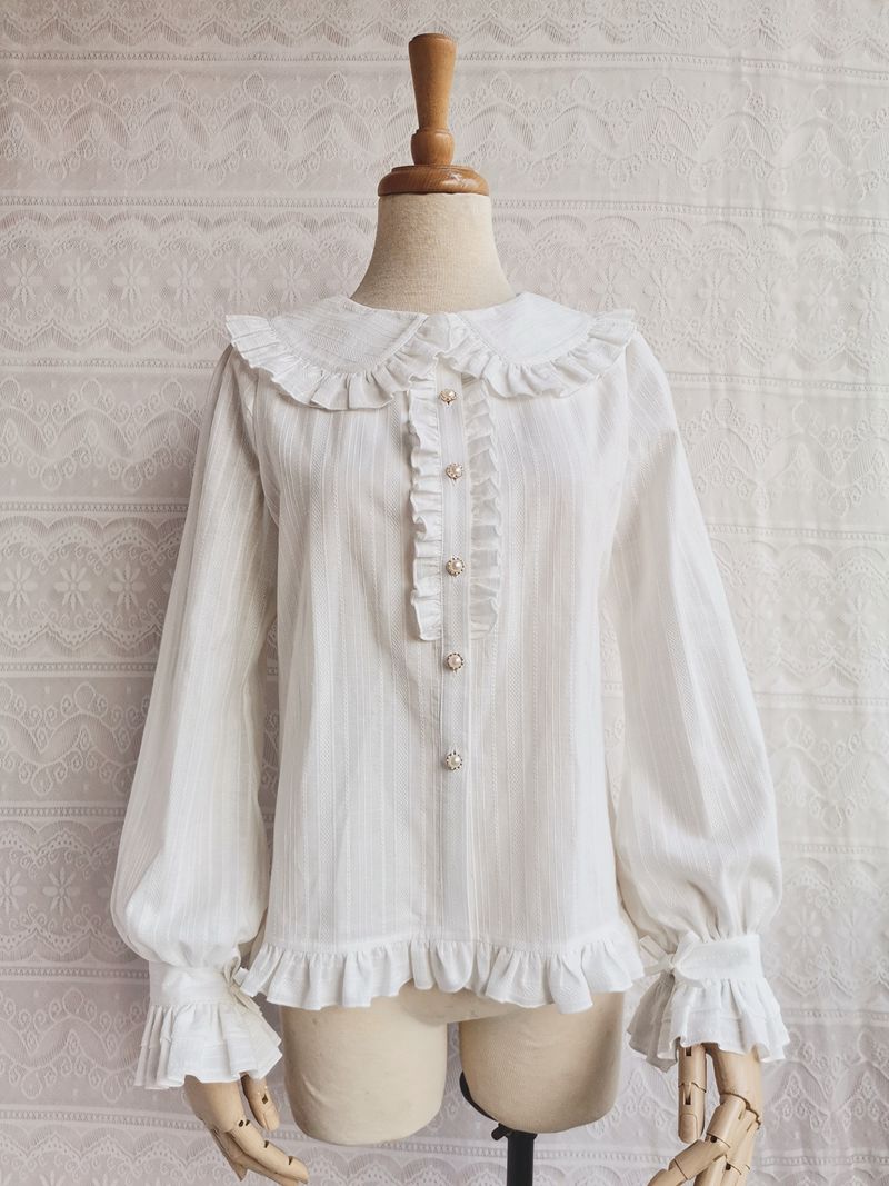Cotton Lolita Blouse, Autumn and Winter Japanese Style XS White