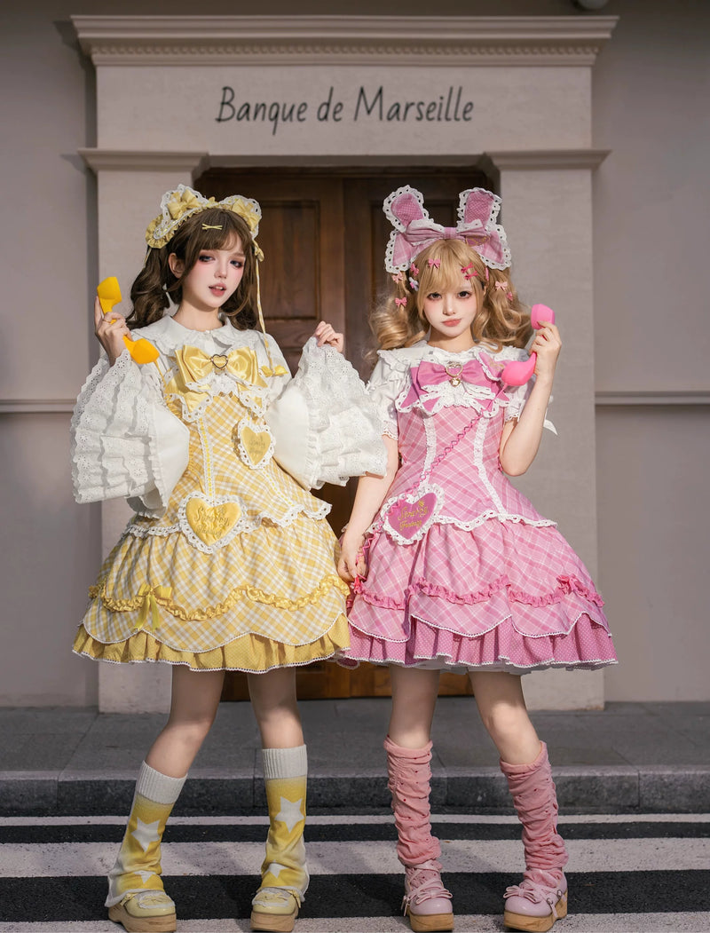 Star Fantasy - Shibuya Sweetheart - Checked OP Dress with Heart Appliqués and Lace Trim