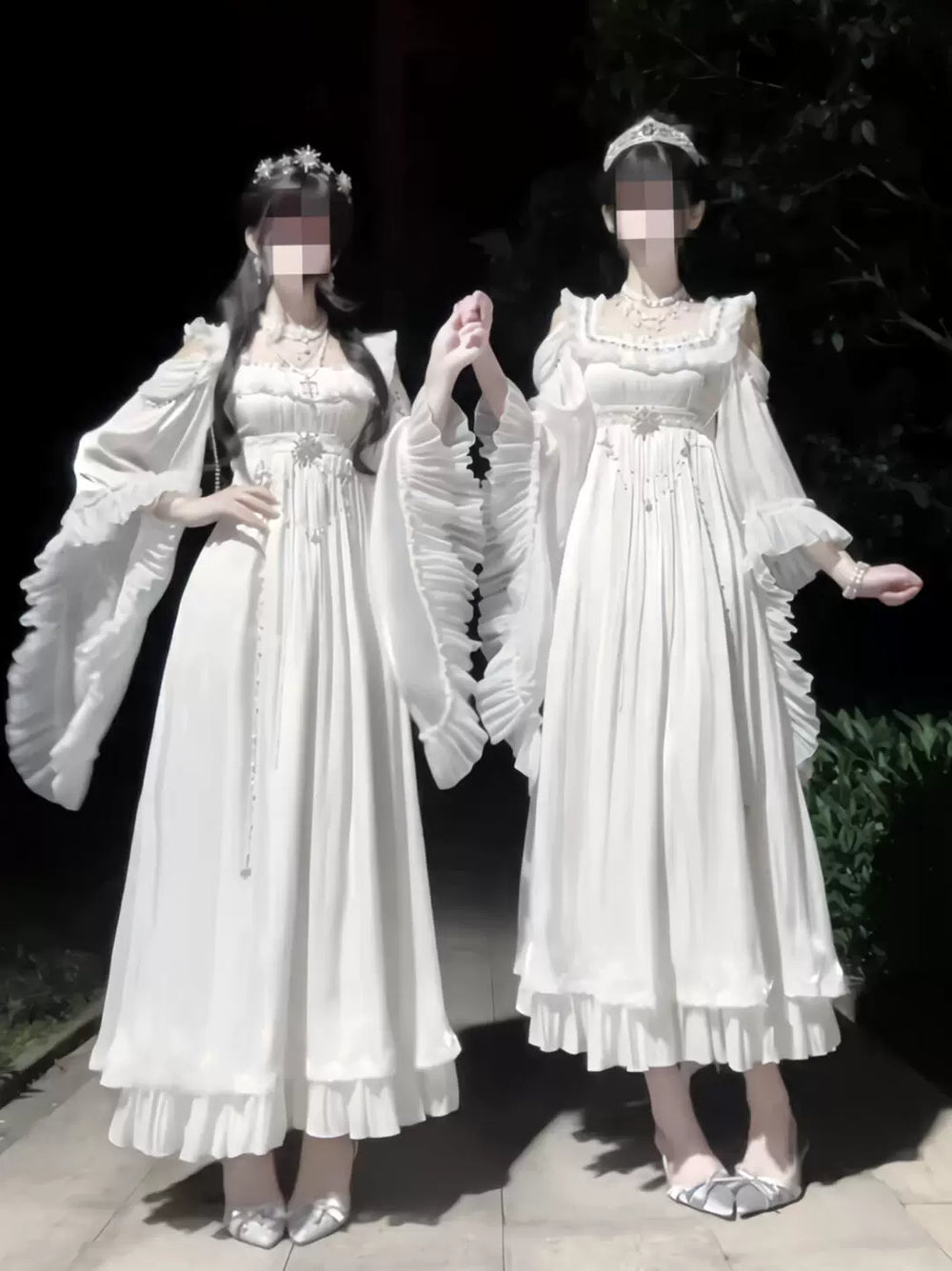 White empire-waist Lolita OP dress with lace neckline and ruffled sleeves