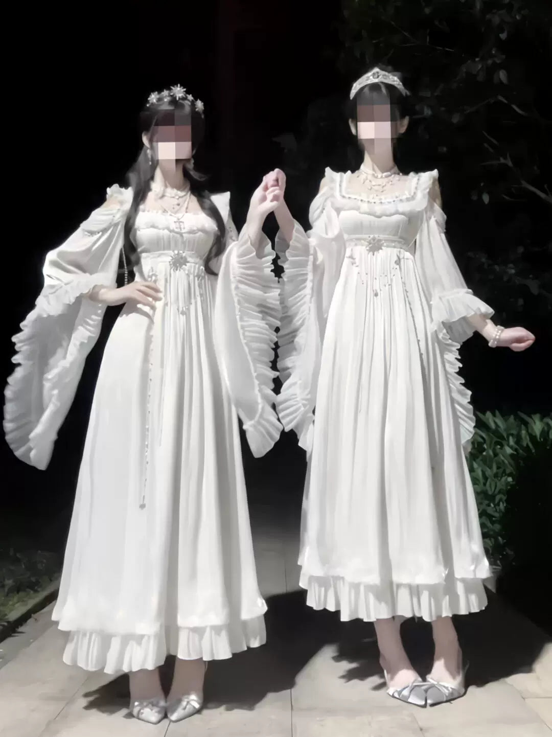 White empire-waist Lolita OP dress with lace neckline and ruffled sleeves