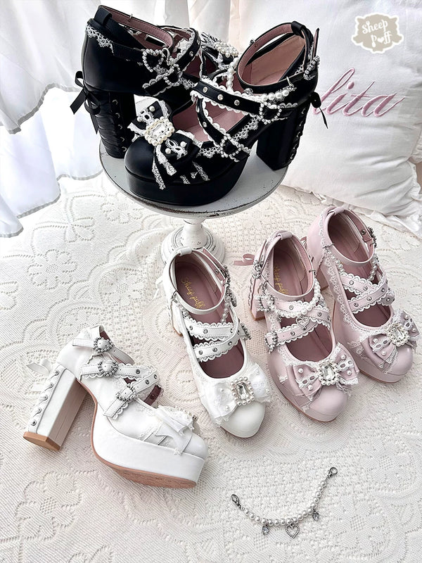 Sheep Puff Gem Lace Lolita Heels with intricate lace detailing and decorative gems, stylish and elegant fashion shoes.
