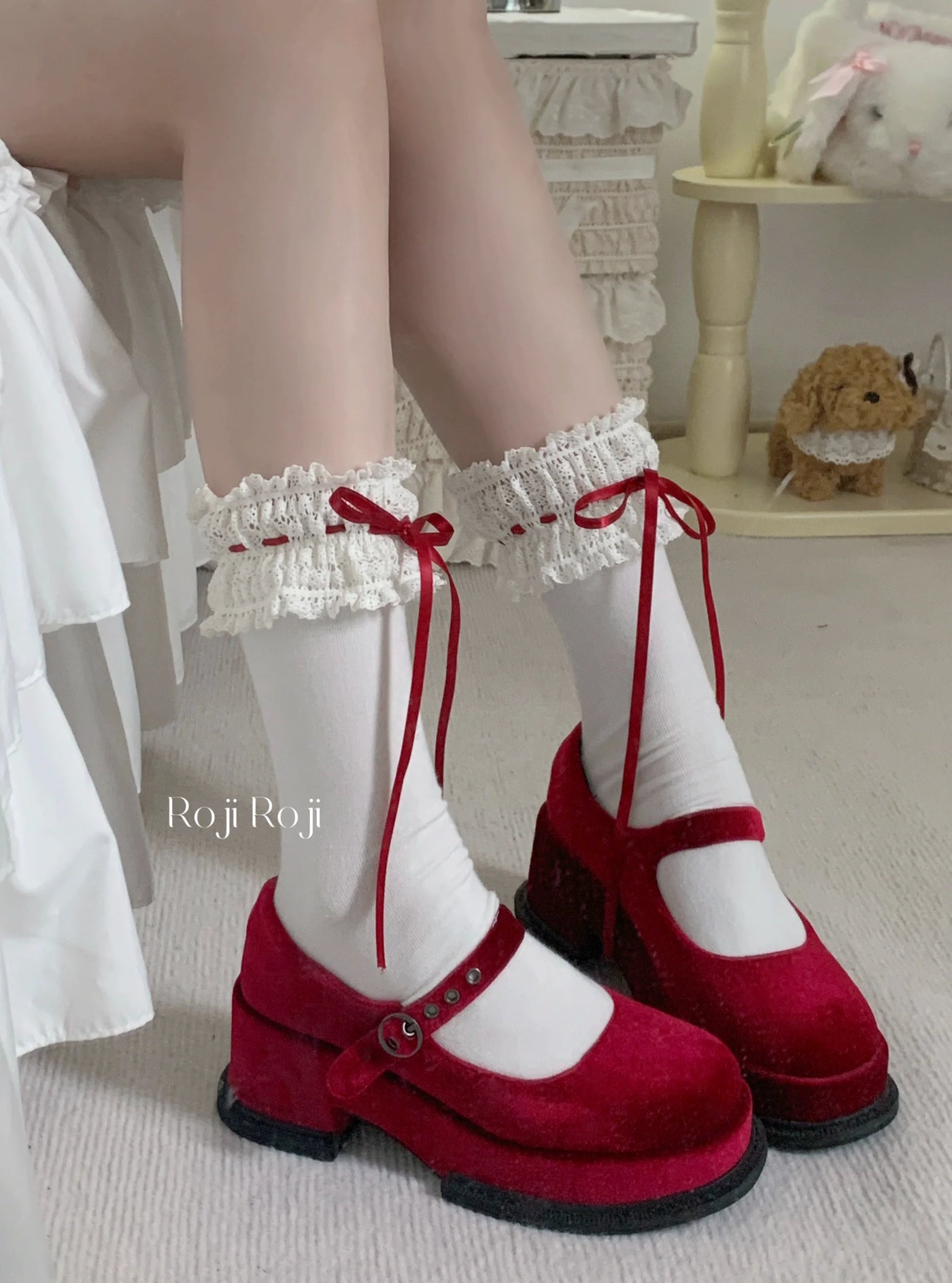 Gentle Town - Sweet Lolita Cotton Calf Socks, Ankle Socks Red ankle socks One Size