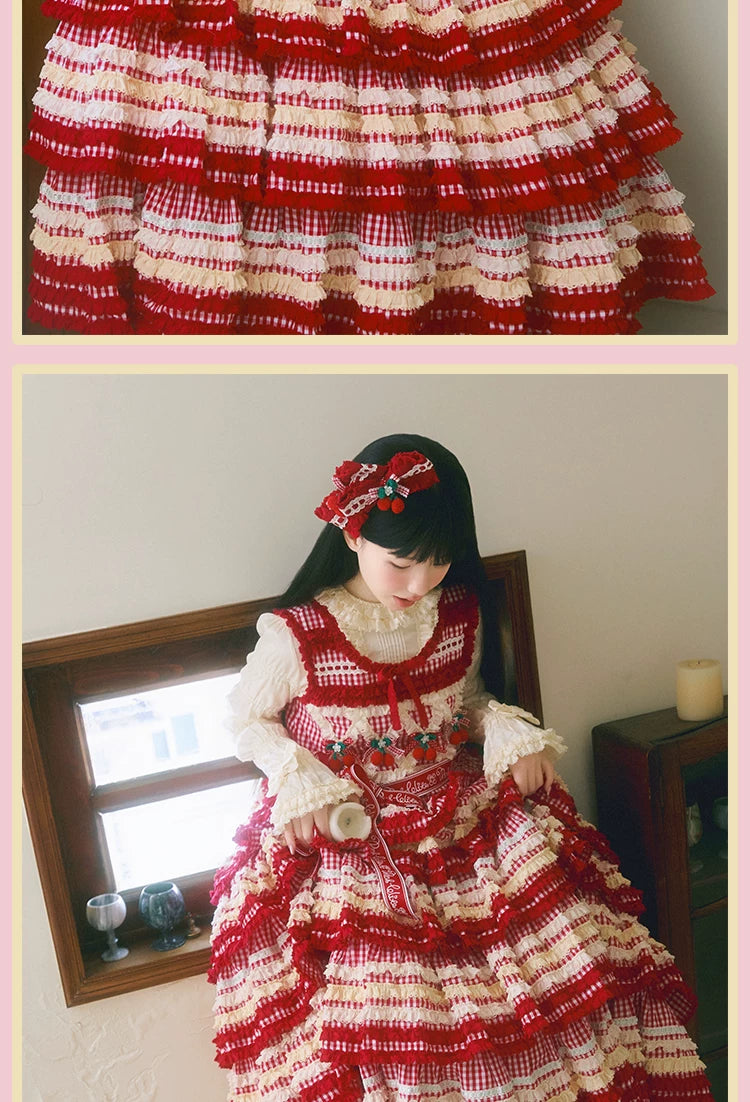 RichLolita - Sugared Cherry - Red Gingham JSK and Vest Dress Collection with Cherry Appliqués