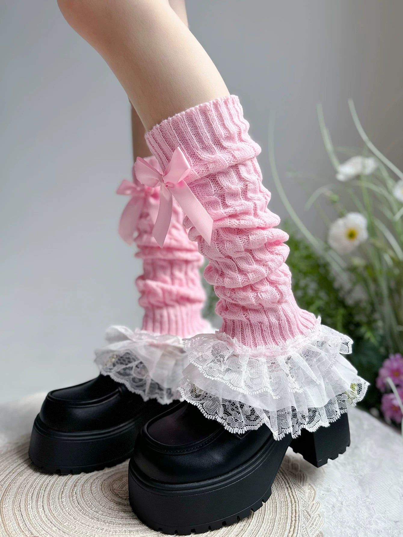 Fantasy Doll - Bowed Lace Layers - Knit Mid-Calf Leg Warmers with Lace Ruffles and Bows