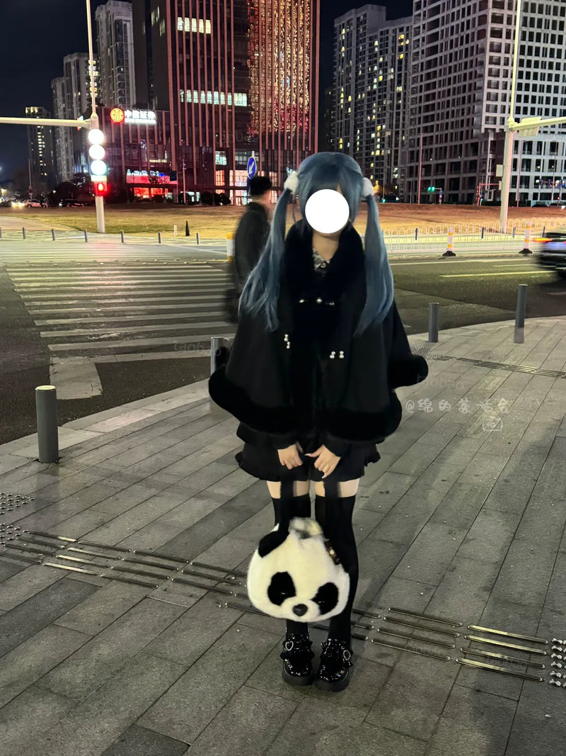 Mian Plush Cropped Lolita Shawl - Regular & Thick Versions — Black - Regular Fleece-Lined